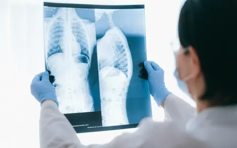 Lekarz w niebieskich rękawiczkach analizuje RTG klatki piersiowej i kręgosłupa, szukając oznak osteoporozy.