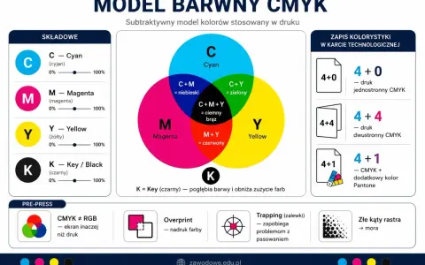 Model barwny CMYK: cyjan, magenta, żółty i czarny tworzą kolory w druku. Wyjaśnienie mieszania barw i zapisów kolorystyki.