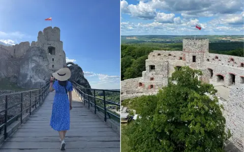 Ruiny zamku na skale, z polską flagą. Widok na okoliczne wzgórza i lasy. Wspaniałe zamki w okolicy Krakowa.