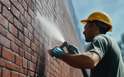 Un ouvrier en casque jaune nettoie un mur de briques avec un jet d'eau, assurant l'évacuation eau de pluie.