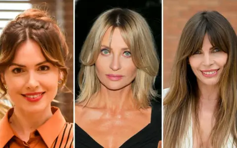 Trzy kobiety: jedna z upiętymi włosami, druga z blond włosami i grzywką curtain bangs, trzecia z długimi brązowymi włosami i grzywką curtain bangs.