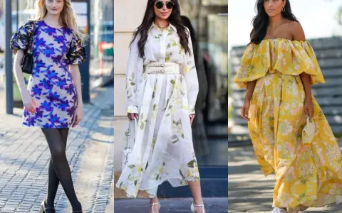 Trzy kobiety w kwiecistych sukienkach. Pierwsza w mini, druga w midi, trzecia w maxi. Jakie buty do sukienki w kwiaty? Zobacz inspiracje!