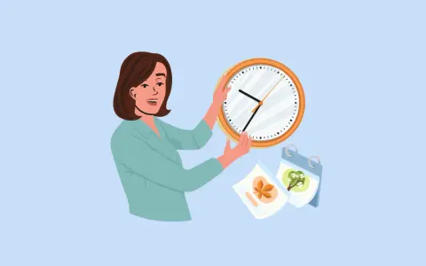 Mujer sonriente con un reloj, preguntándose cuánto se tarda en aprender francés. Hay un calendario con imágenes de hojas y un árbol.