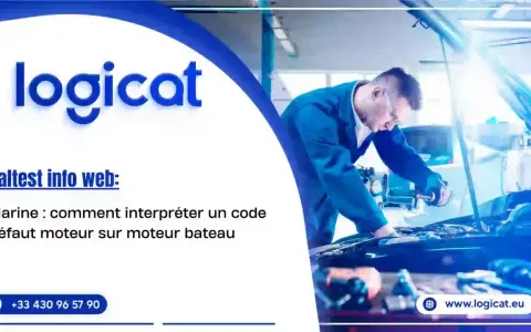Un mécanicien examine un moteur de bateau pour diagnostiquer un problème moteur. Le logo "logicat" est visible.