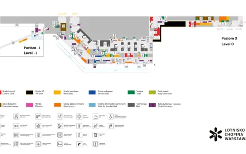 Mapa lotniska Chopina: Poziom -1 i 0 z zaznaczonymi restauracjami, toaletami, kontrolami i innymi usługami.