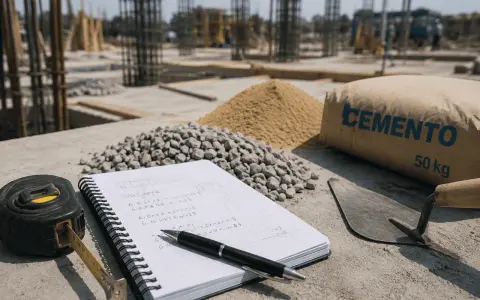 En una obra, un cuaderno con cálculos, cinta métrica, pala, grava, arena y un saco de cemento de 50 kg, listo para el peso hormigón.