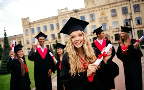 Uśmiechnięci absolwenci w togach z dyplomami. To piękny moment, by zacząć studia, gdy ma się 18 lat.