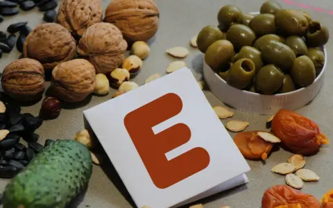 Orzechy, pestki, oliwki i suszone morele wokół kartki z literą "E" symbolizują bogactwo witaminy E.