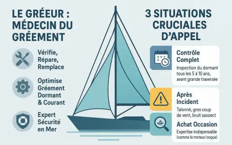 Illustration d'un voilier avec une voilure stylisée, expliquant le rôle du gréeur pour la sécurité et l'entretien du gréement.