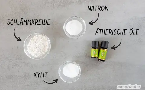 Zutaten für zahnpulver selber machen: Schlämmkreide, Natron, Xylit und ätherische Öle.