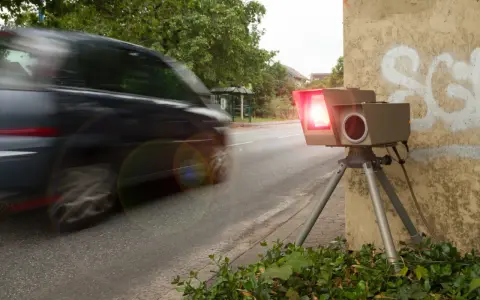 Ein Blitzer, der gerade ein Auto fotografiert, wie sehen Blitzer ohne Blitz aus? Dieses Gerät steht am Straßenrand, bereit für Geschwindigkeitsünder.