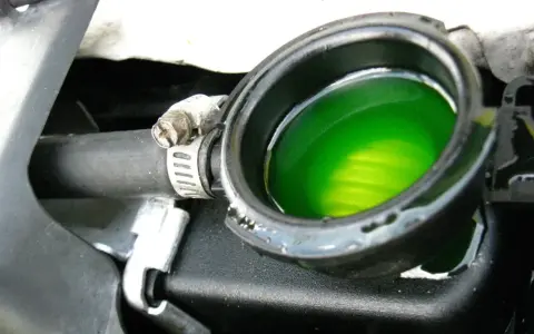 Líquido refrigerante verde brillante en el depósito del radiador, cerca de la junta culata. El aceite no se ve, pero el refrigerante es vital para el motor.