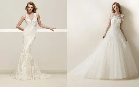 Due abiti da sposa in pizzo, uno a sirena con scollature particolari e l'altro principesco con maniche lunghe.