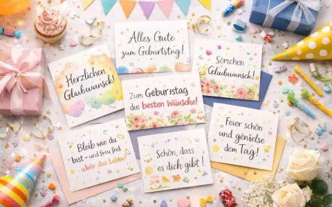 Geburtstagskarten mit bunten Motiven und Sprüchen wie "Alles Gute zum Geburtstag" und "Gottes Segen zum Geburtstag". Dekoriert mit Konfetti, Geschenken und Blumen.
