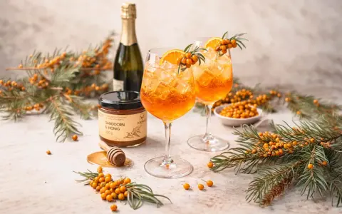 Zwei erfrischende Sanddorn Spritz Cocktails mit Orangenscheiben und Sanddornzweigen, daneben eine Flasche Sekt und ein Glas Sanddorn & Honig.