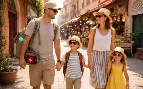 Familia feliz paseando por un zoco, disfrutando de su aventura de marrakech con niños.