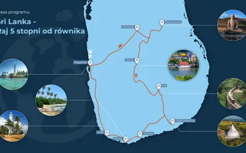 Mapa pokazuje trasę podróży po Sri Lance, wyspie leżącej na Oceanie Indyjskim, na południowy wschód od Indii.