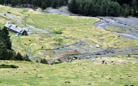 Vue aérienne du hospice du Rioumajou, avec ses bâtiments, des chevaux et des moutons dans des enclos, au milieu d'une vallée verdoyante bordée de pins.