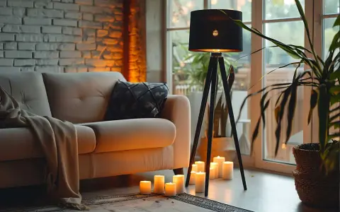 Przytulny salon z kanapą, dywanem i lampą stojącą chrom. Wokół lampy płoną świece, tworząc ciepłą atmosferę.