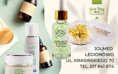 Zestaw kosmetyków TianDe: krem, serum, żel z aloesem, esencja z kolagenem i algami. W składzie niektórych produktów może znajdować się alcohol denat.