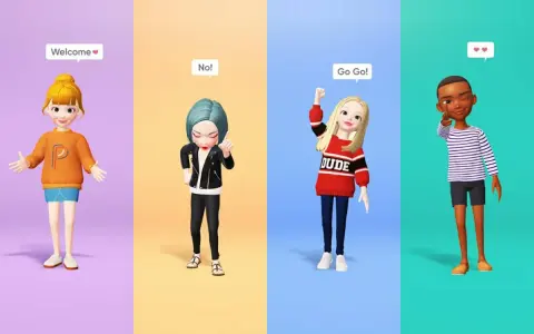 Cuatro avatares de estilo Zepeto, con diferentes poses y mensajes, ideales para todas las edades.