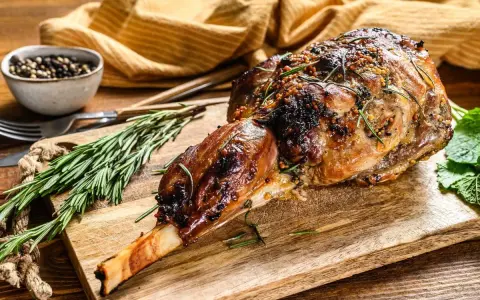 Selle d'agneau rôtie, garnie de romarin et de moutarde, sur une planche en bois avec des herbes fraîches.