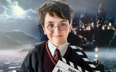 Chłopiec w okularach i szacie Hogwartu trzyma klaps filmowy. Tło to zamek i krajobraz z uniwersum Harry'ego Pottera.
