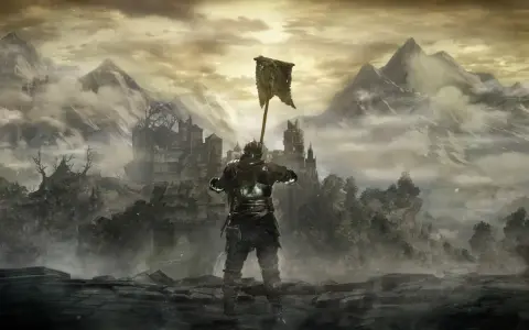 Rycerz w zbroi z chorągwią wzniesioną ku niebu, na tle mglistych gór i zrujnowanego zamku. Klimat rodem z **Dark Souls**.