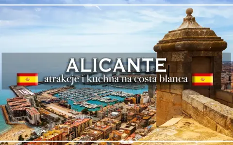 Widok na Alicante z portem pełnym łodzi, plażą i zabytkową wieżą strażniczą.