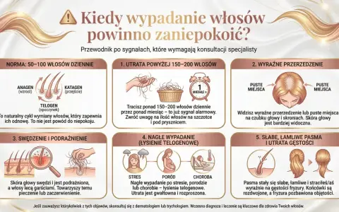 Grafika pokazuje sygnały wskazujące na wypadanie włosów. Znajdziesz tu informacje o normie, utracie włosów, przerzedzeniu, swędzeniu, nagłym wypadaniu i słabych pasmach. To przydatne wskazówki dotyczące domowych sposobów na wypadanie włosów.
