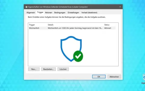 Windows Defender plant wöchentliche viren scan. Ein Schild mit Häkchen symbolisiert Sicherheit.