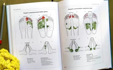 Ilustracje z książki pokazują punkty na stopach do terapii. Kurs refleksologii pomaga zrozumieć powiązania między stopami a różnymi częściami ciała.
