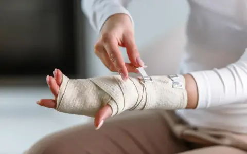 Dłoń owinięta bandażem, zapięcie na rzepy. Prezentacja bandażowania po urazie.