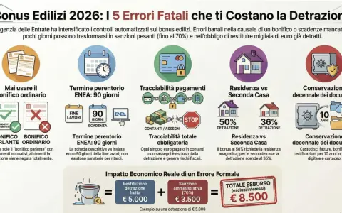 Infografica sui bonus edilizi: errori comuni, scadenze ENEA, tracciabilità pagamenti e residenza vs seconda casa. Il **significato** di "bifamiliare" non è esplicitato, ma si parla di detrazioni per prime e seconde case.