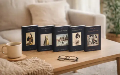 I delitti del Barlume: libri in ordine cronologico, una tazza di caffè e occhiali sul tavolo.
