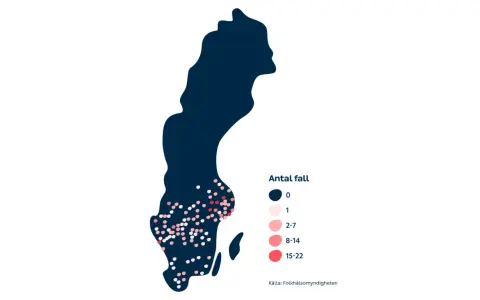 En karta över Sverige med prickar som visar antal fall. Mörka prickar indikerar noll fall, medan ljusare och rödare prickar visar fler fall.