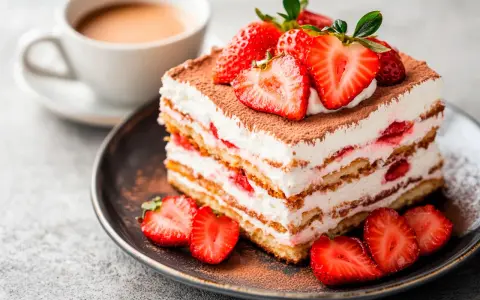 Pyszny deser tiramisu z truskawkami, idealny gdy szukasz czegoś zamiast amaretto. Podany z kawą.