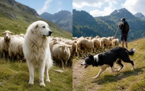 Un chien gardien de troupeau blanc veille sur un troupeau de moutons dans les montagnes. Un autre chien, un chien de berger noir et blanc, guide le troupeau avec un berger.