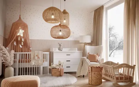 Przytulny, beżowy pokój dla niemowlaka z wiklinowymi lampami, łóżeczkiem i bujanym kołyskiem.