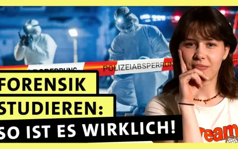 Ein junges Mädchen denkt nach, während im Hintergrund Forensiker in Schutzanzügen einen Tatort absperren. "Forensik studieren: So ist es wirklich!