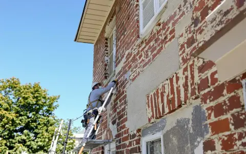 Un ouvrier sur un échafaudage réalise l'embellissement d'une façade de maison en briques rouges, sous un ciel bleu.