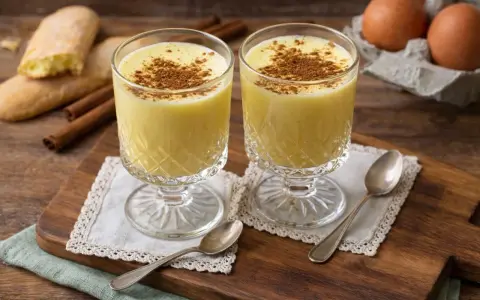 Zwei Gläser cremiger Zabaione, bestreut mit Zimt. Dazu Savoiardi-Kekse und Zimtstangen – ein perfektes Zabaione Rezept.