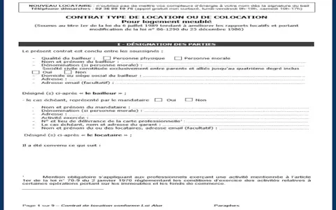 Document de contrat type pour comment faire un bail de location de logement meublé, avec sections pour désigner les parties (bailleur, locataire) et leurs informations.