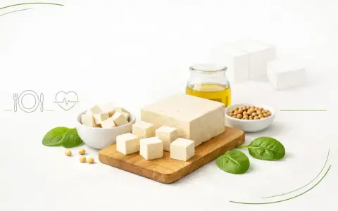 Czy tofu jest zdrowe? Na zdjęciu kostki tofu, soja, olej i szpinak, sugerujące zdrową dietę.