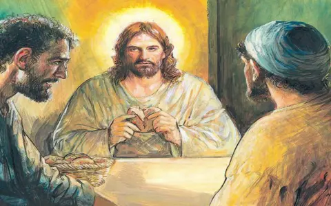 Jezus w Emaus łamie chleb z uczniami. Wokół niego złota poświata.