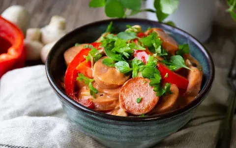 En mustig korvgryta med chorizo, paprika och örter i en krämig sås. Serveras i en rustik skål.