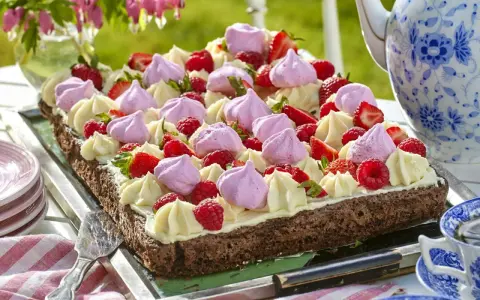 Enkel tårta till många, dekorerad med grädde, jordgubbar, hallon och maränger. Perfekt för sommarfikat!