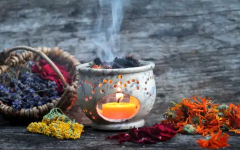 Aromas de lavanda, rosas y caléndula se elevan con el humo de un quemador de incienso, creando un ambiente de limpieza de energías.