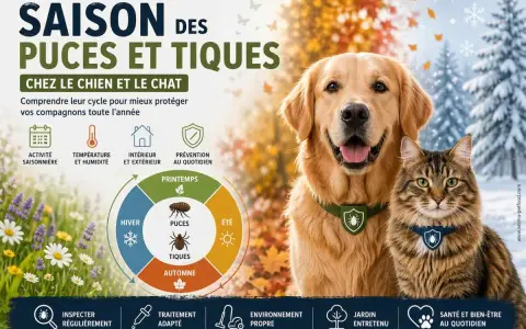 Un chien et un chat souriants, avec un schéma expliquant le cycle des puces et tiques selon les saisons. Protégez vos compagnons toute l'année !
