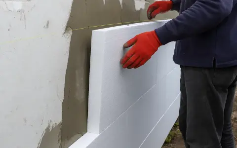 Pracownik w czerwonych rękawicach montuje styropian na ścianie. To etap prac elewacyjnych, gdzie cena za m2 robocizna jest kluczowa.
